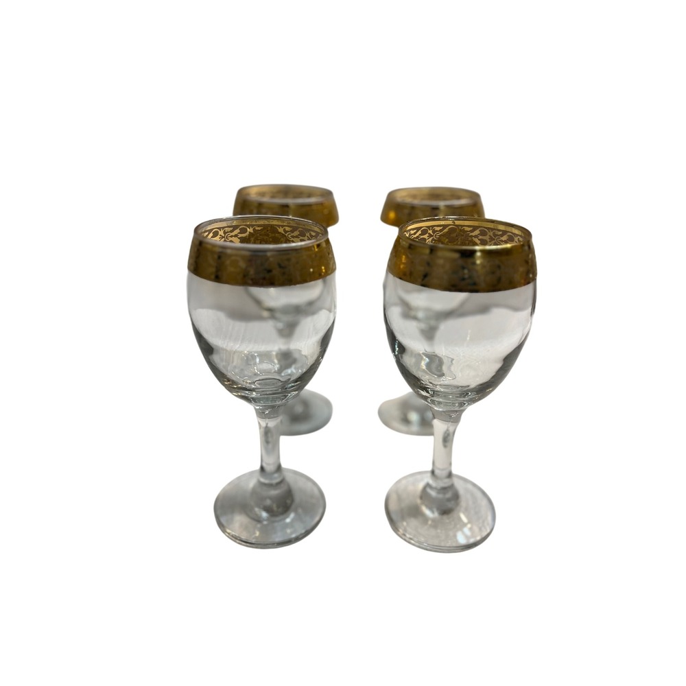 Set of 4 Vintage Gold Rimmed Wine Glasses Elegant Crystal Etched Design